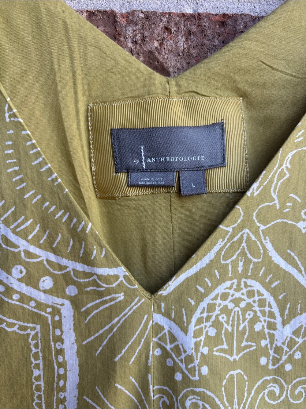 By Anthropologie V-Neck Olive Green Printed Midi Dress - Picture 2 of 9